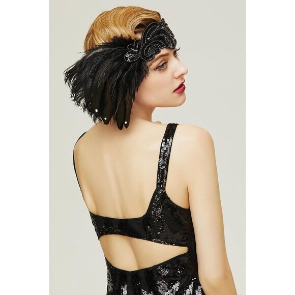 1920s Flapper Headband Faux Feathers Rhinestones Gatsby Party Accessory main image 4